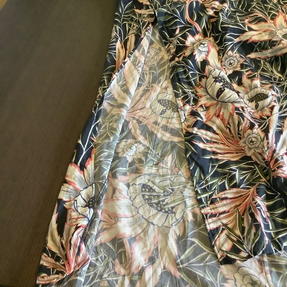 H&M Floral Kimono Duster Longline Open Front Maxi‎ Cardigan Navy Pink Size 12